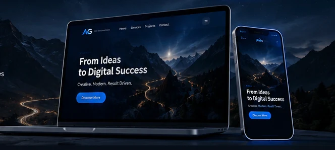 Premium dark website design presented on laptop and phone