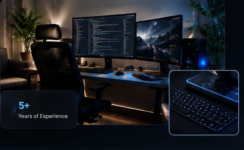 Dark developer workstation with blue lighting